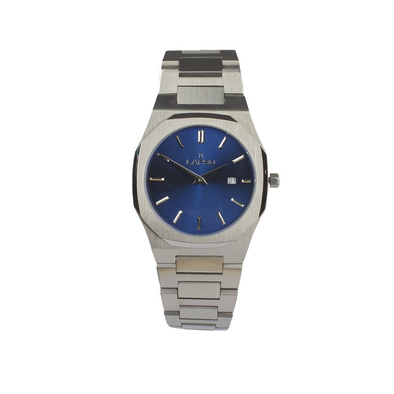 Reloj plateado con 2 manecillas y dial azul con fecha