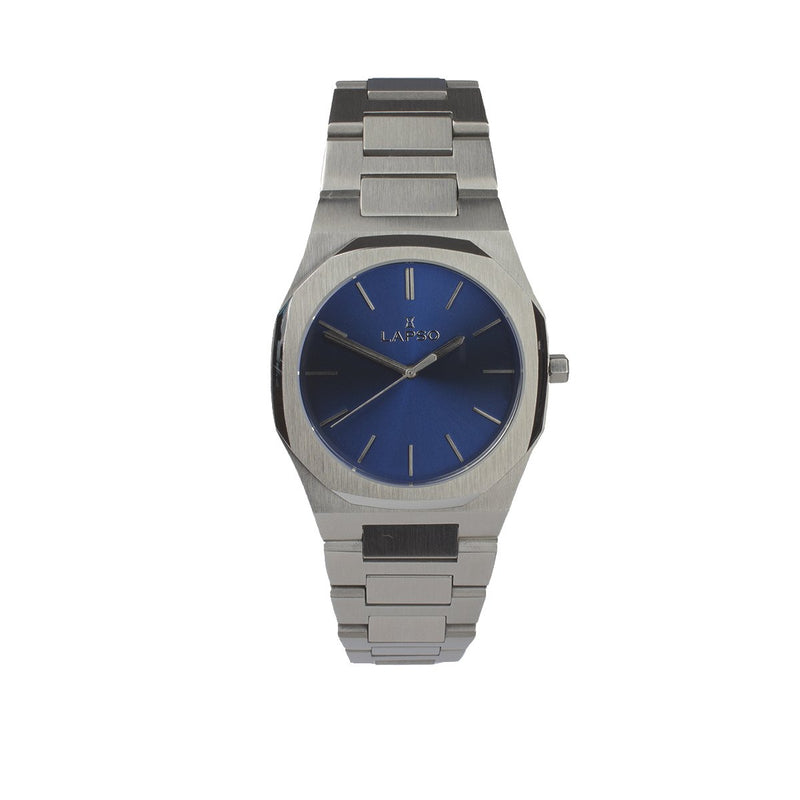 Reloj plateado con 3 manecillas y dial azul